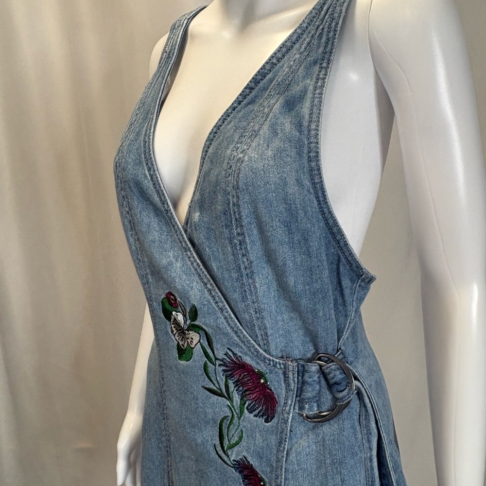 H&M X Coachella Floral Embroidered Denim Overall Dress Size 12 Wrap Front Belt - Picture 3 of 13